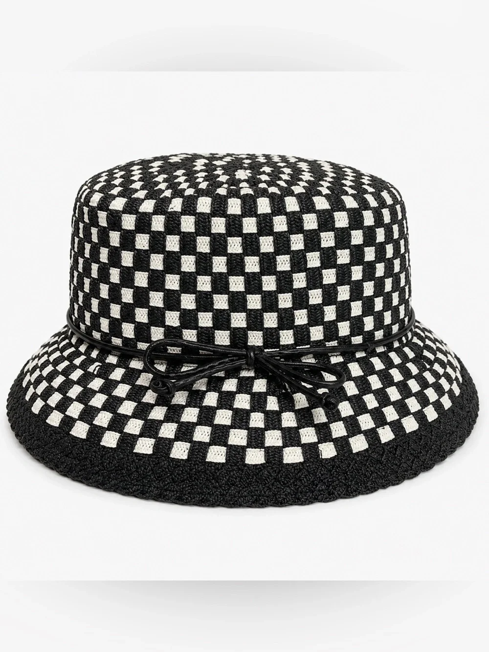 Nine West Black & White Checkerboard Woven Bucket Hat Bow Wide Brim